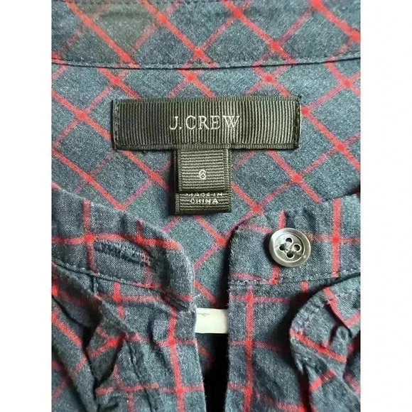 J.Crew Women's Blue Red Mini Windowpane Cotton Ruffle Popover Blouse Size 6 - Picture 2 of 8